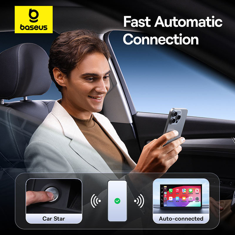 Man using a smartphone with baseus logo and text 'Fast Automatic Connection' in a car.