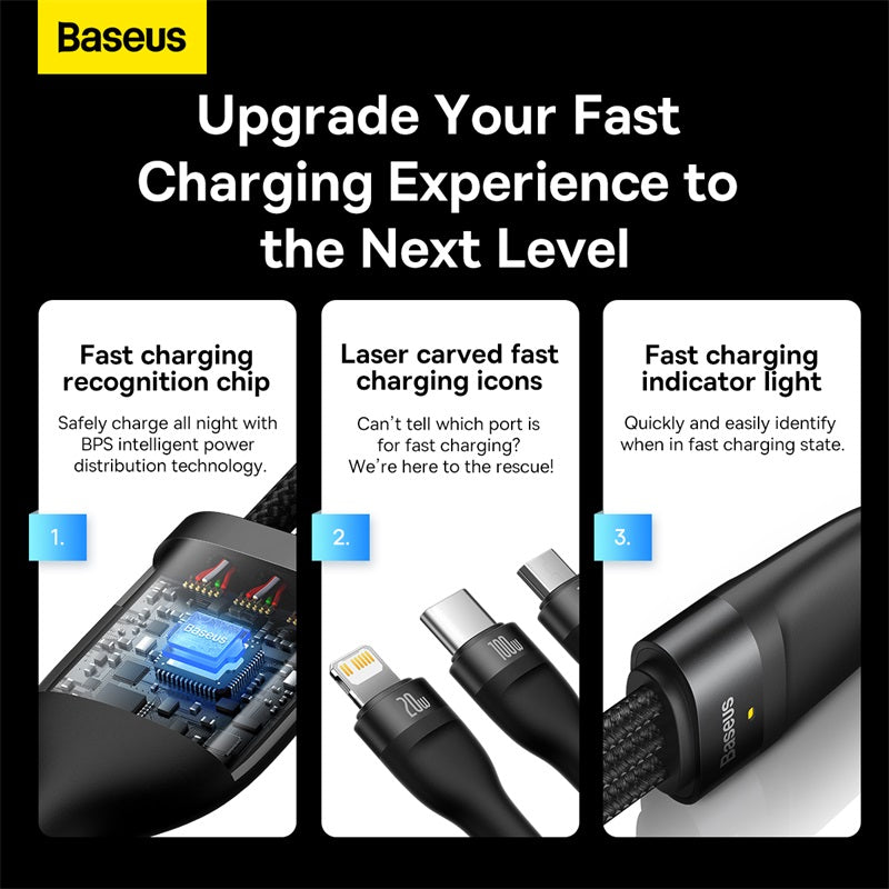 Baseus Flash Series Ⅱ One-for-three Fast Charging Cable Type-C to M+L+C 100W 1.5m Black