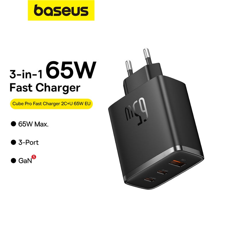 Baseus 3-in-1 65W fast charger in black, featuring a European two-pin plug and three USB-C ports, shown on a white background with product text and the Baseus logo.
