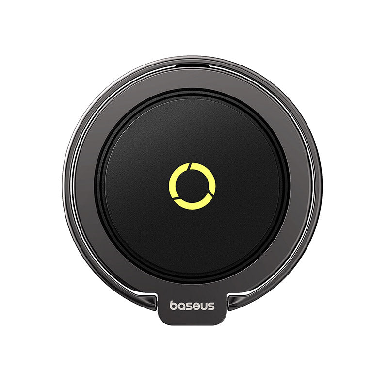 Black wireless charging pad with yellow logo on a white background