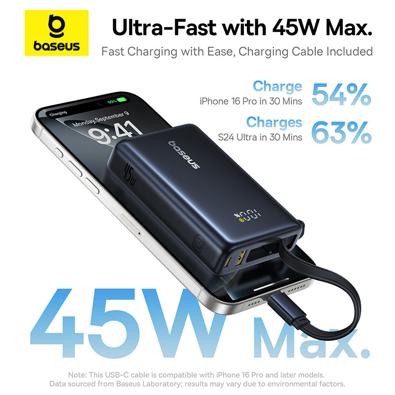 Baseus charging cable and power bank with smartphone on a white background