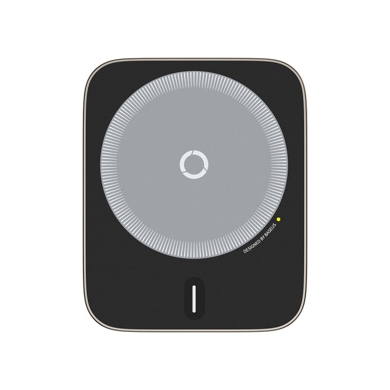 Black electronic device with circular gray center on a white background