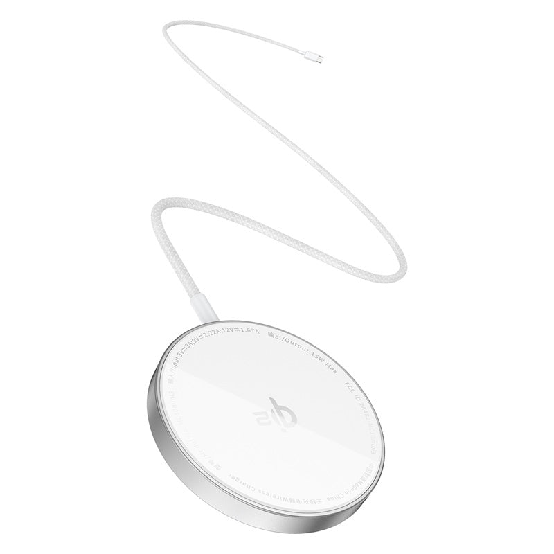 Round white device with a cord on a white background