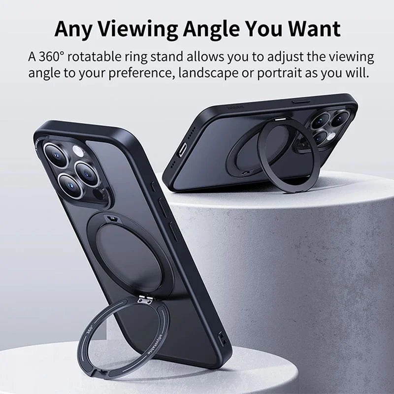 Black phone case with 360-degree rotatable ring stand on a light gray background