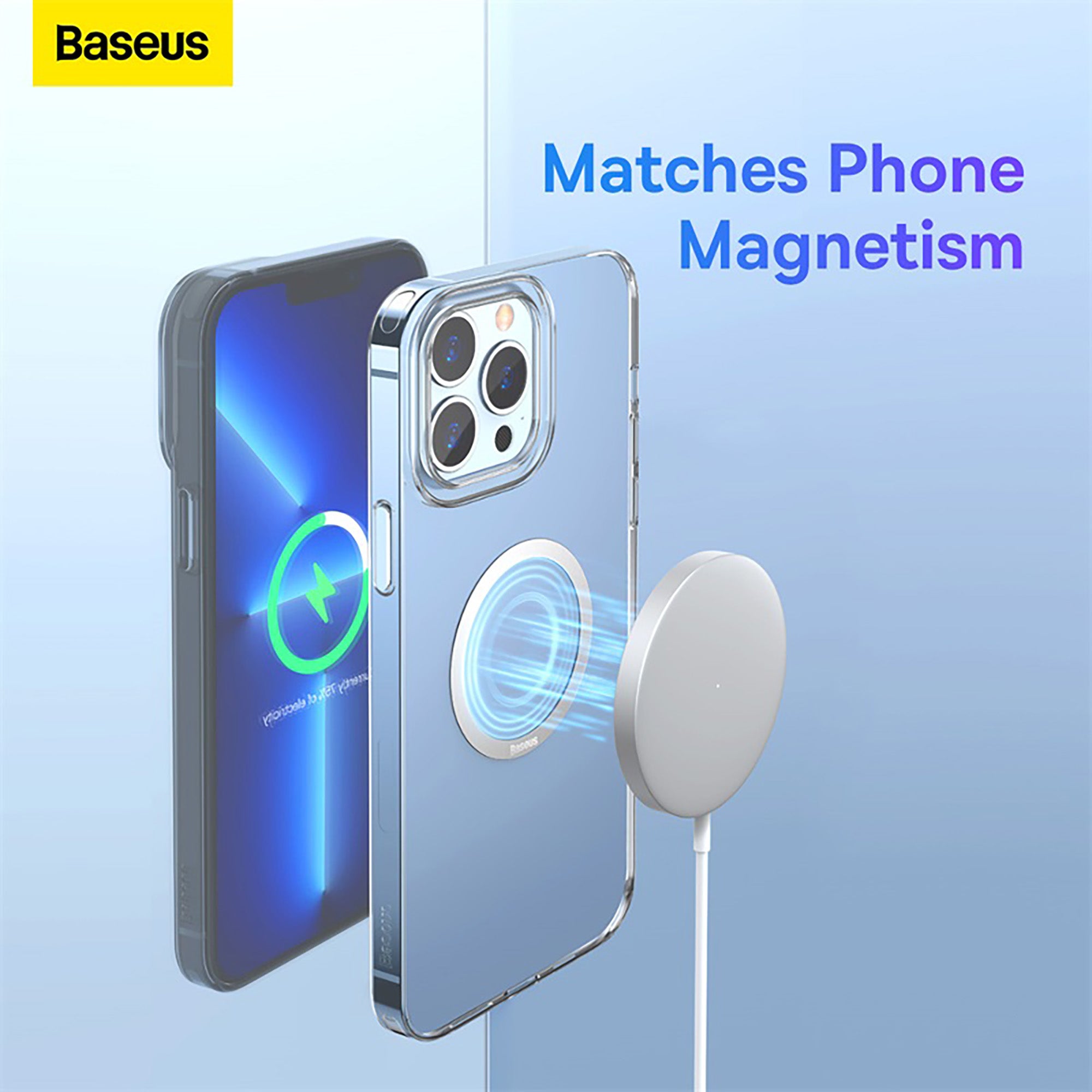 Phone case with magnetic feature on a blue background, featuring Baseus branding.
