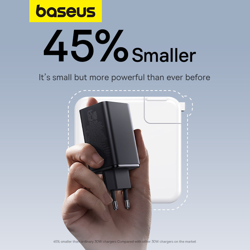 Hand holding a compact power adapter with Baseus branding and text about size and power.