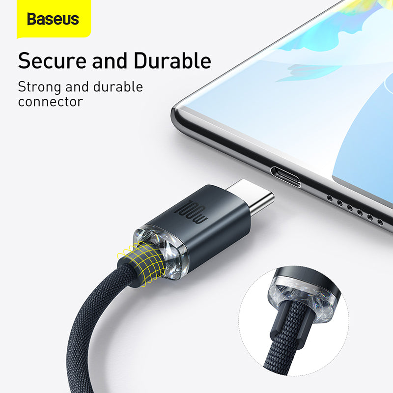 Baseus branded cable connector shown plugged into a smartphone, with marketing text reading 'Secure and Durable' and a close-up inset of the connector detail.