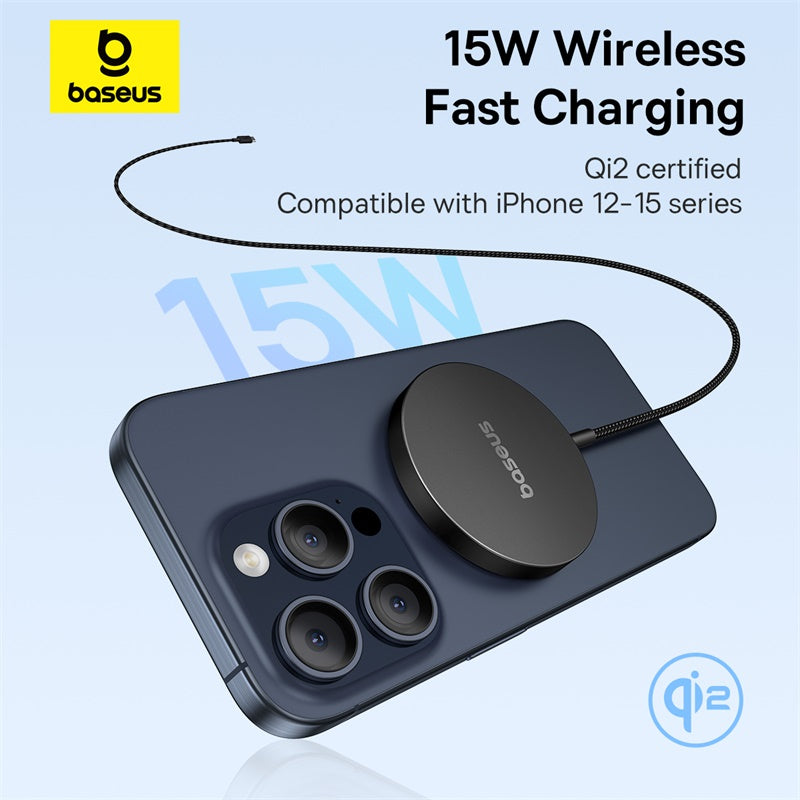 Baseus 15W wireless fast charging pad with iPhone 12-15 series compatibility on a light blue background.
