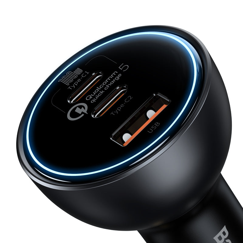 Black car charger with multiple ports on a white background