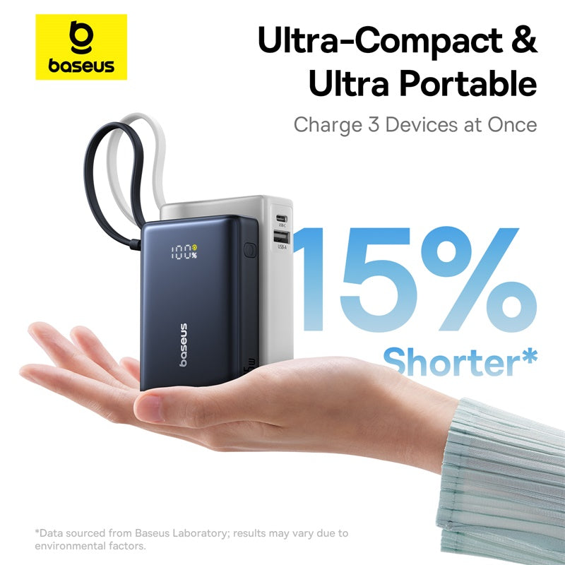 Baseus power bank held in a hand with promotional text on a white background