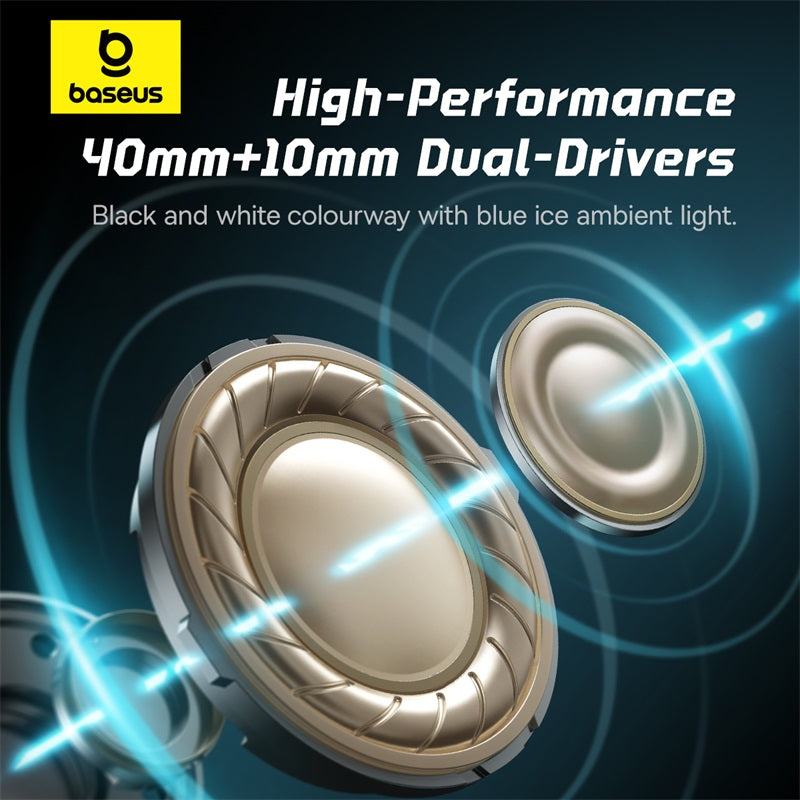 Baseus high-performance speakers with dual drivers on a dark background