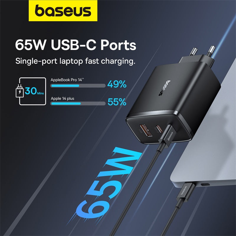 Baseus 65W USB-C laptop charger shown charging a silver laptop, with promotional text highlighting 65W USB-C ports and fast charging speeds on a dark blue graphic background.
