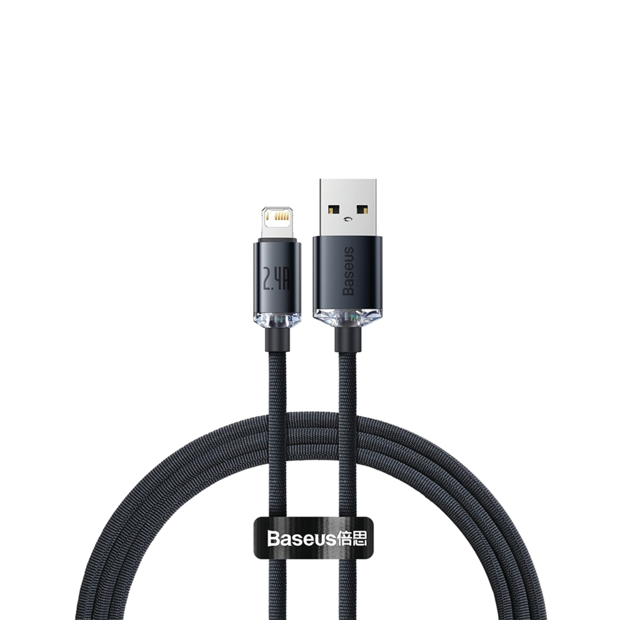A black USB-A to Lightning cable with a braided design, featuring a clear protective cover on the connectors and a black branded loop in the center. The Baseus brand name is visible on both connector housings and the loop.