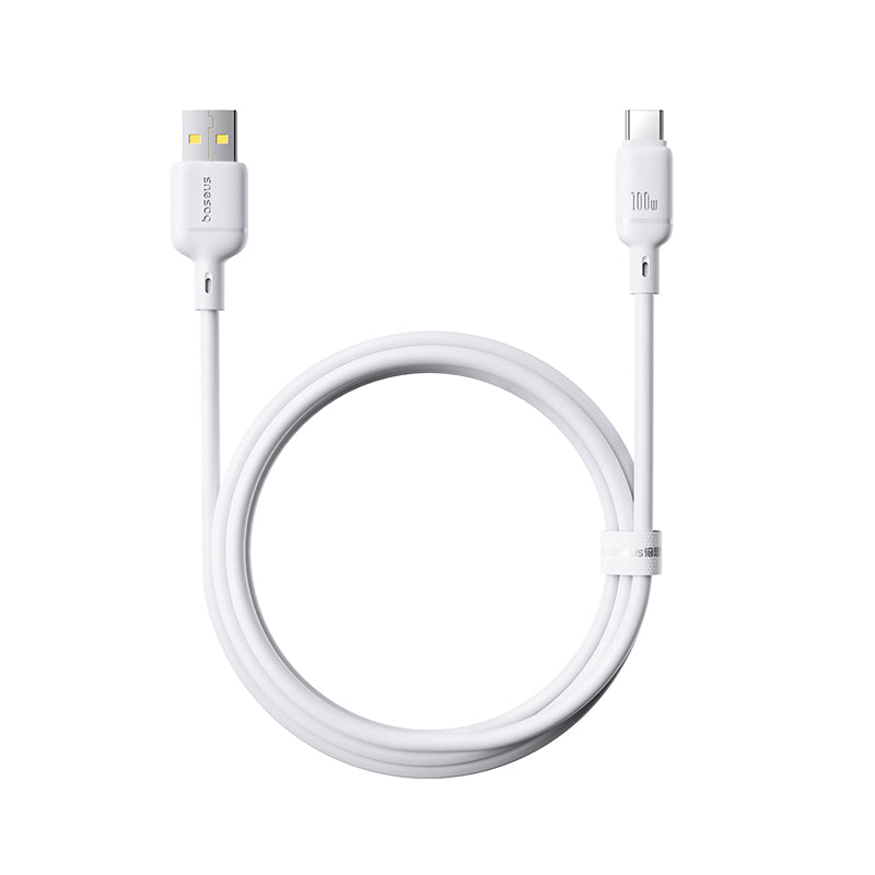 White USB cable with connectors on a white background