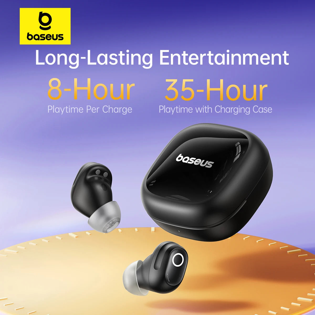 Baseus wireless earbuds with charging case on a gradient background