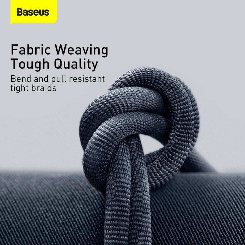 Tight braided rope with Baseus branding and text about fabric weaving quality.