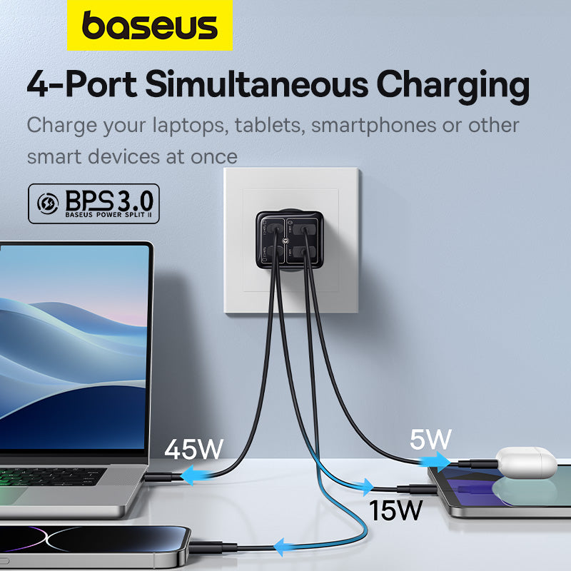 Baseus 4-port simultaneous charging station with laptop, phone, and tablet plugged in.