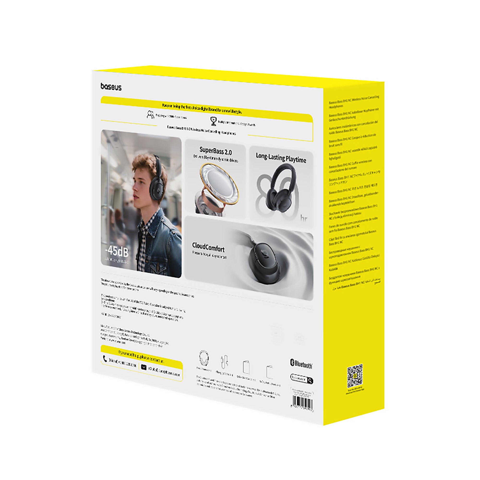 Box of headphones with a person wearing headphones on a white background