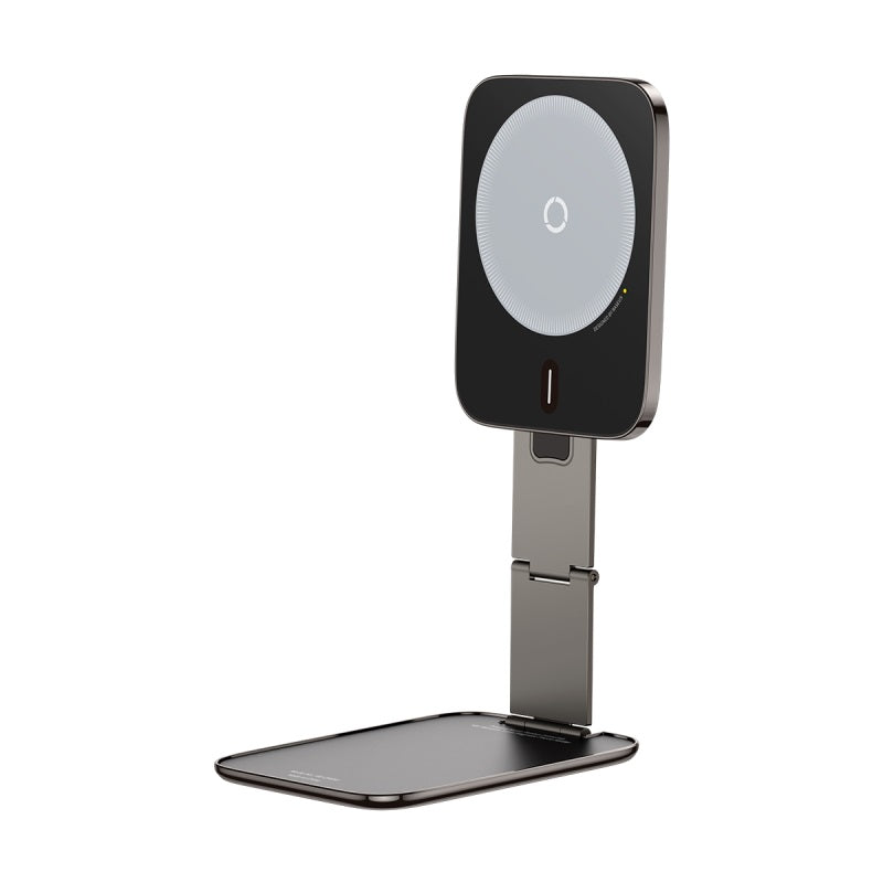 Phone stand with wireless charging pad on a white background