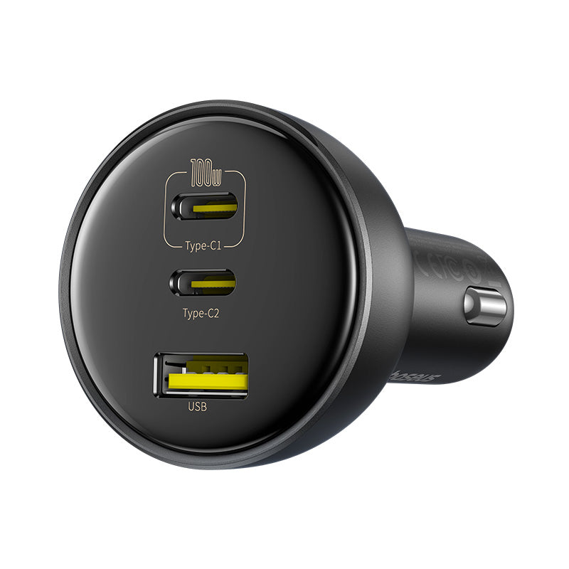 Black car charger with multiple USB ports on a white background