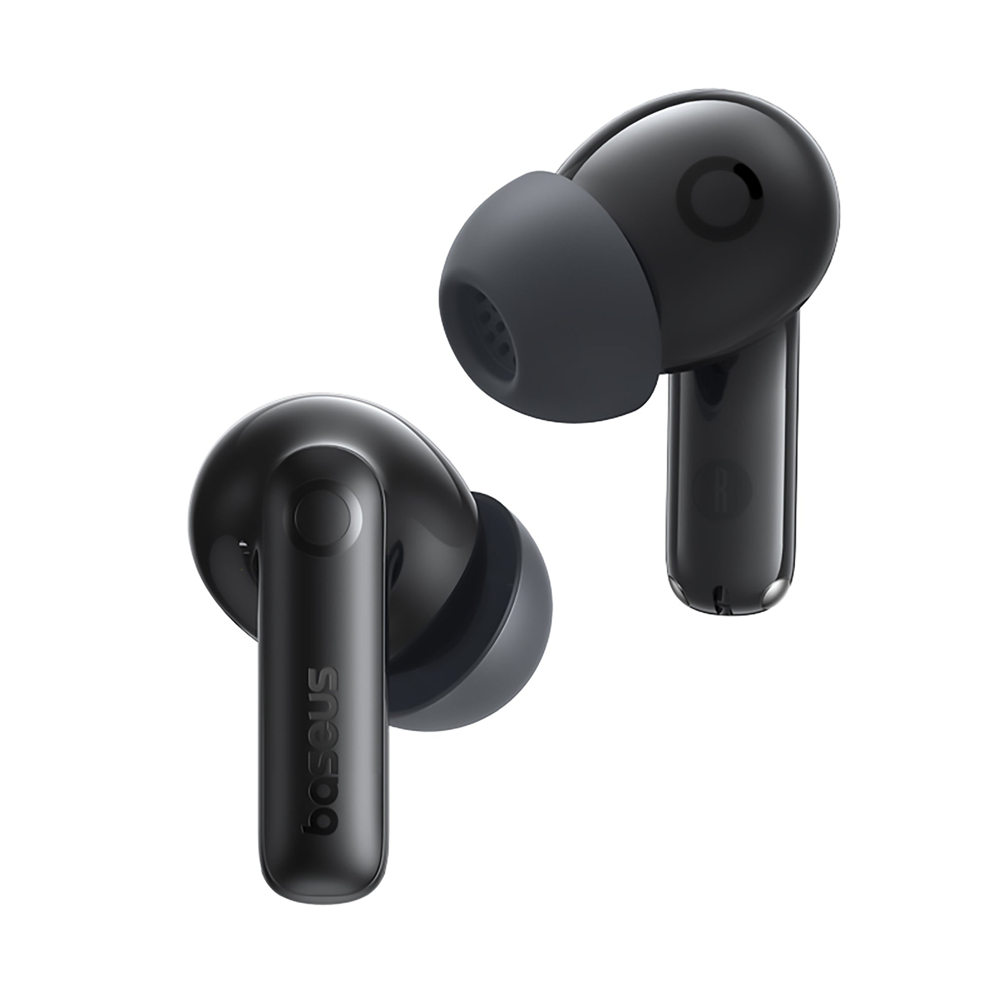 Black wireless earbuds on a white background