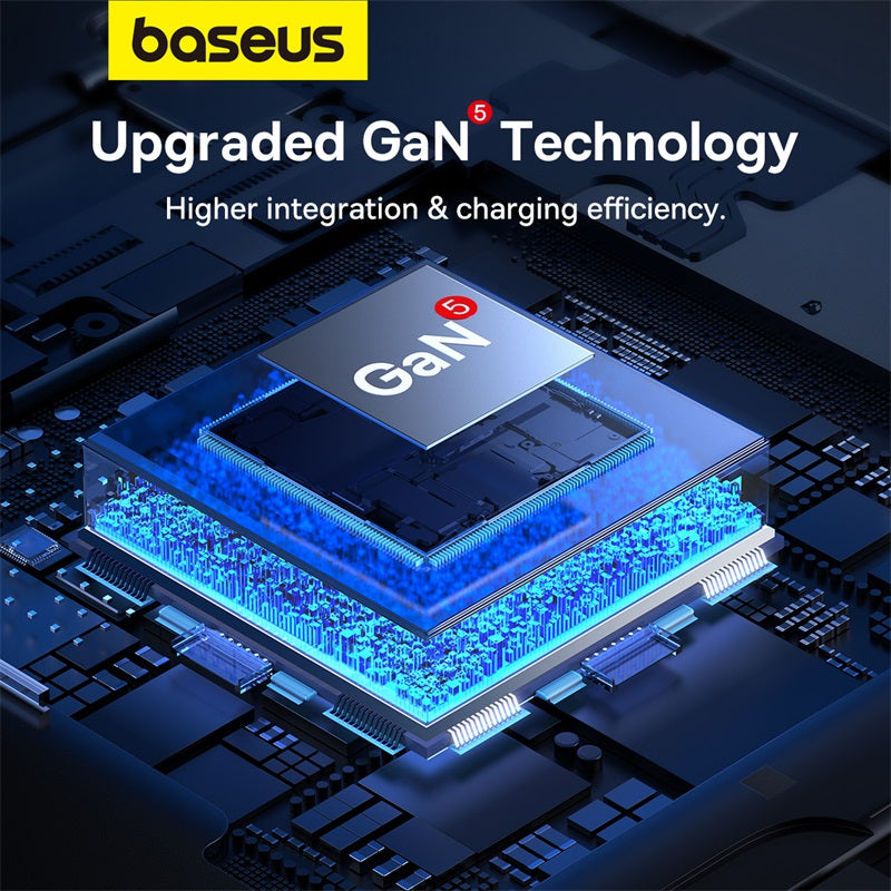 Baseus GaN technology chip graphic showing a glowing blue and silver processor on a dark circuit board background, with the text 'baseus Upgraded GaN Technology' at the top.