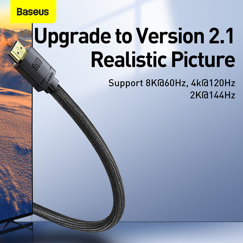 Baseus cable with text about upgrade version 2.1 and display specifications on a blurred background