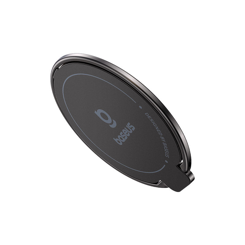 Black wireless charging pad with a brand logo on a white background