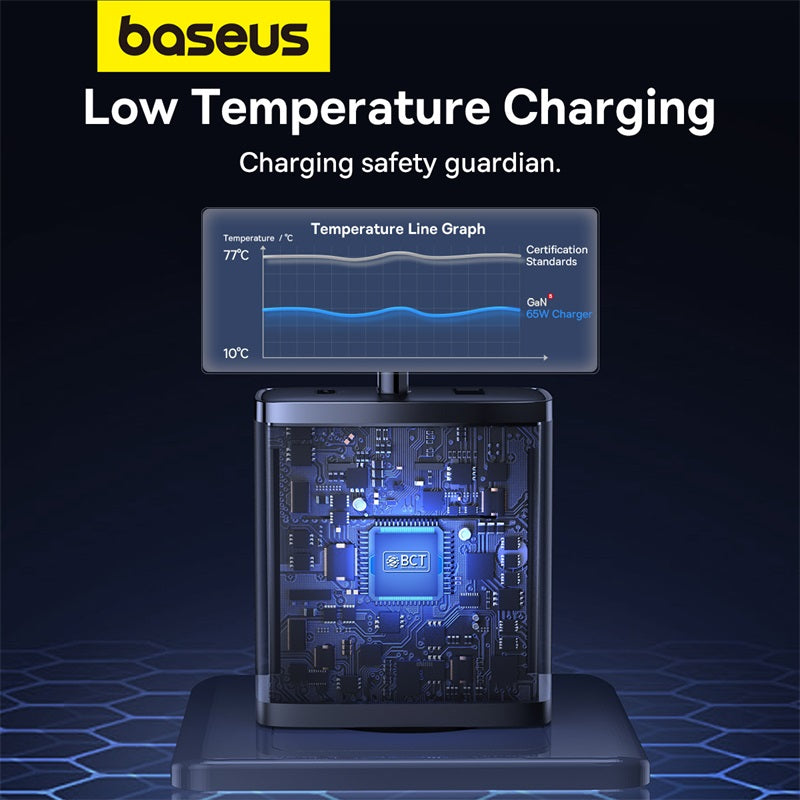 Baseus charging safety device with a transparent side panel showing a glowing blue circuit board interior, under a display screen showing a temperature line graph. Text at the top reads 'baseus Low Temperature Charging Charging safety guardian.