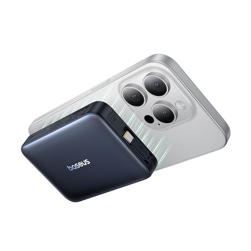 Baseus PicoGo Qi2 Power Bank with Built-in USB-C Cable 10000mAh 27W Behind Phone Cosmic Black on white background