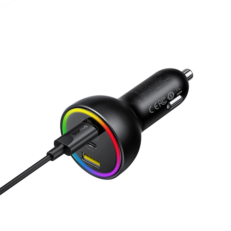 Black car charger with USB ports on a white background