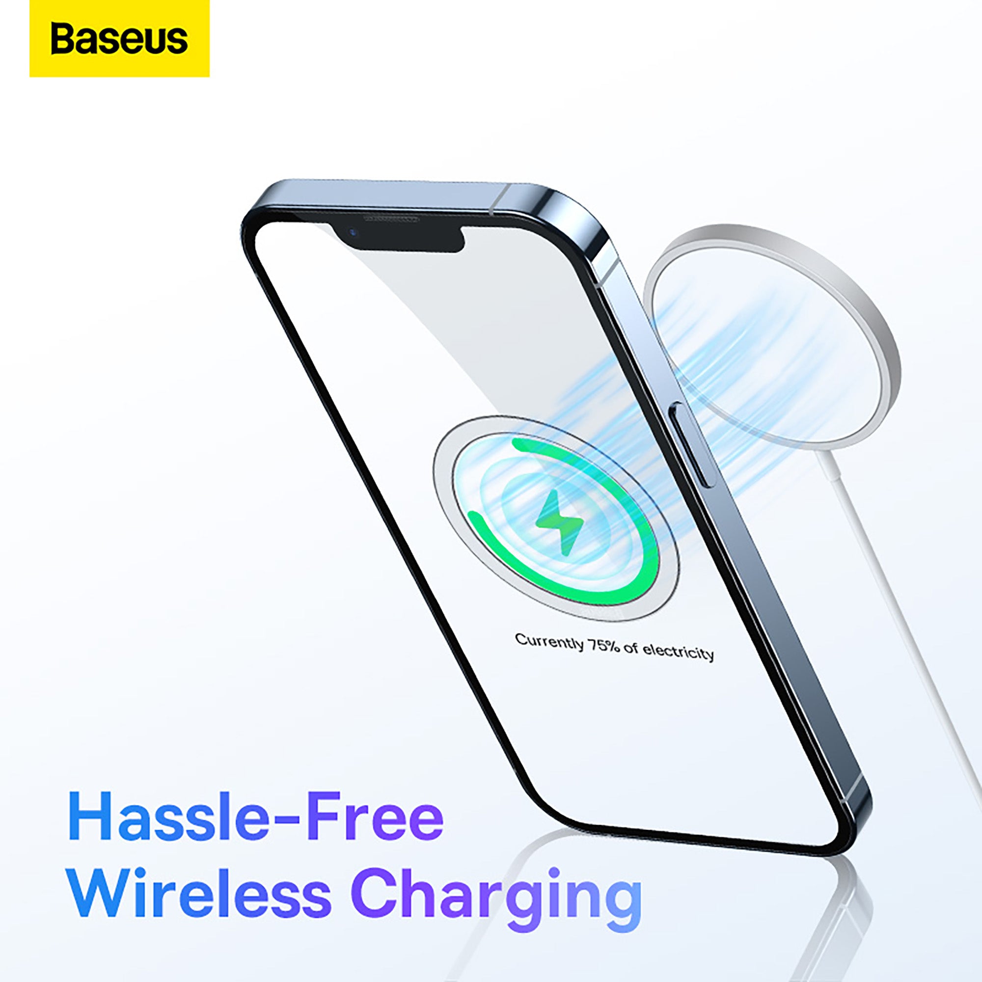 Smartphone with wireless charging feature on a white background, featuring Baseus branding.