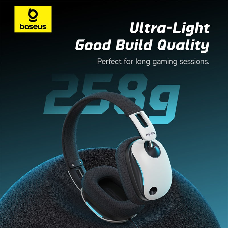 Gaming headset with baseus branding on a dark background
