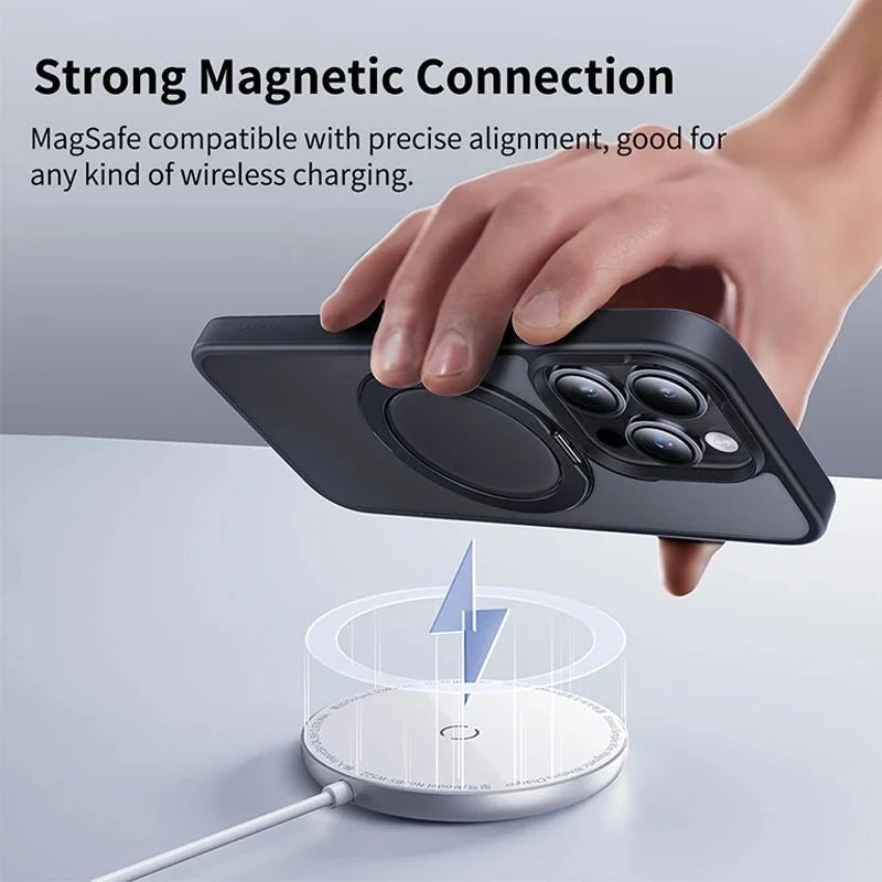 Hand holding a phone with a magnetic feature above a wireless charging pad, text about strong magnetic connection.