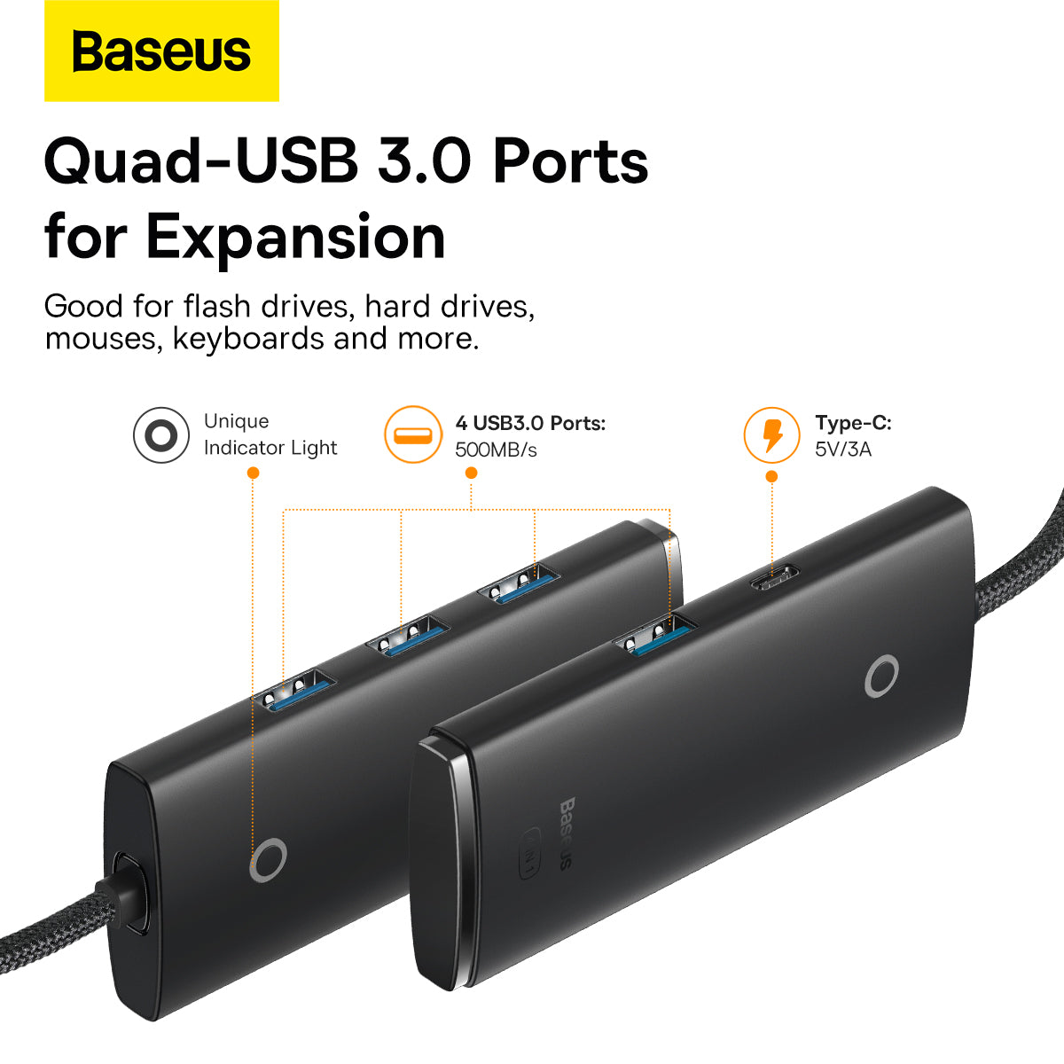 Baseus USB 3.0 hub with quad ports on a white background