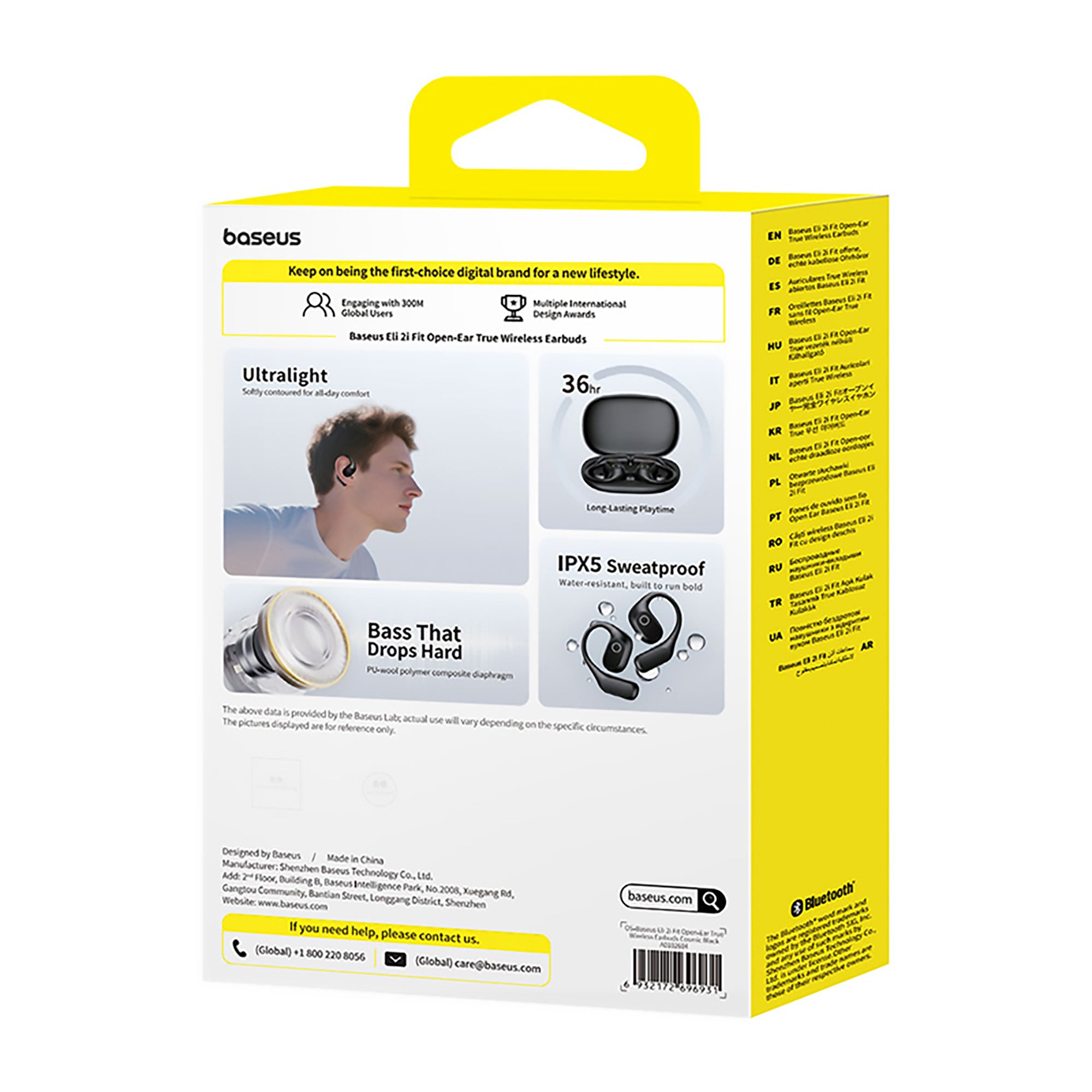 Baseus ultralight wireless earbud packaging with yellow top and white bottom