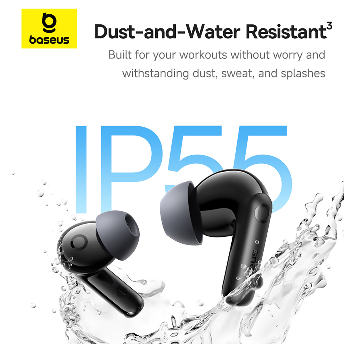Baseus wireless earbuds with water resistance features on a white background