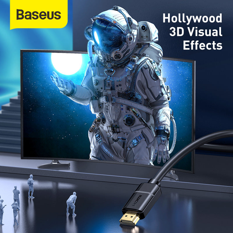 Baseus HDMI cable with a black connector and gold plug, shown in the foreground with a monitor displaying an astronaut scene. Text reads 'Baseus' and 'Hollywood 3D Visual Effects'.