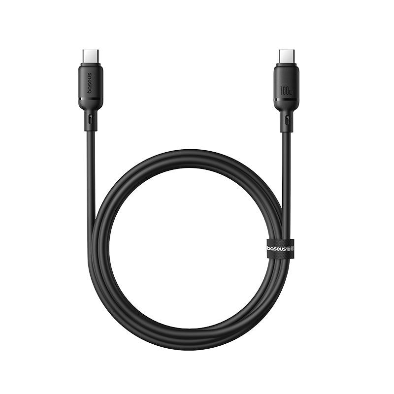 Black cable with USB-C and Lightning connectors on a white background