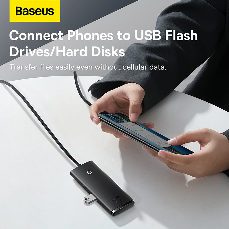 Baseus product advertisement showing a person connecting a phone to a USB flash drive or hard disk.