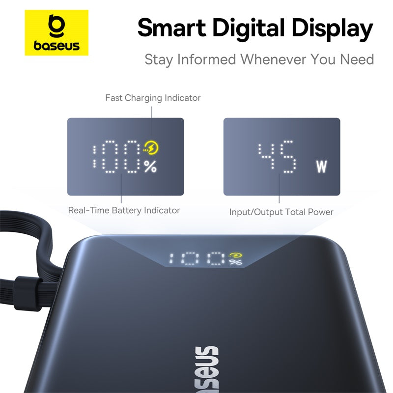 Baseus power bank with smart digital display showing battery and power indicators.