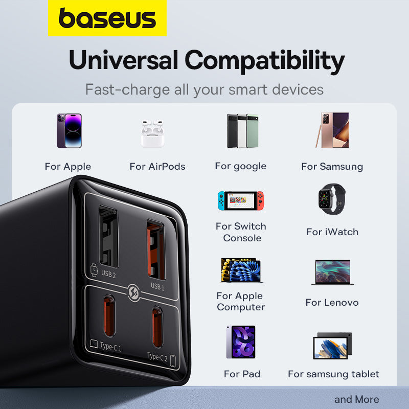 Baseus charger with compatibility icons for various devices on a light gray background