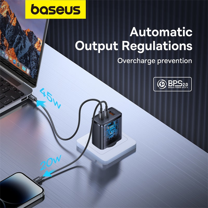 Baseus automatic output regulation charger shown plugged into a laptop and phone on a desk, with text highlighting 45W and 20W charging and overcharge prevention.