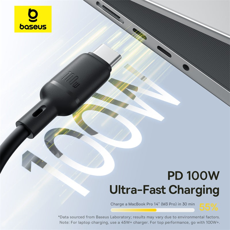 Baseus USB-C cable with laptop, highlighting PD 100W ultra-fast charging on a white background.