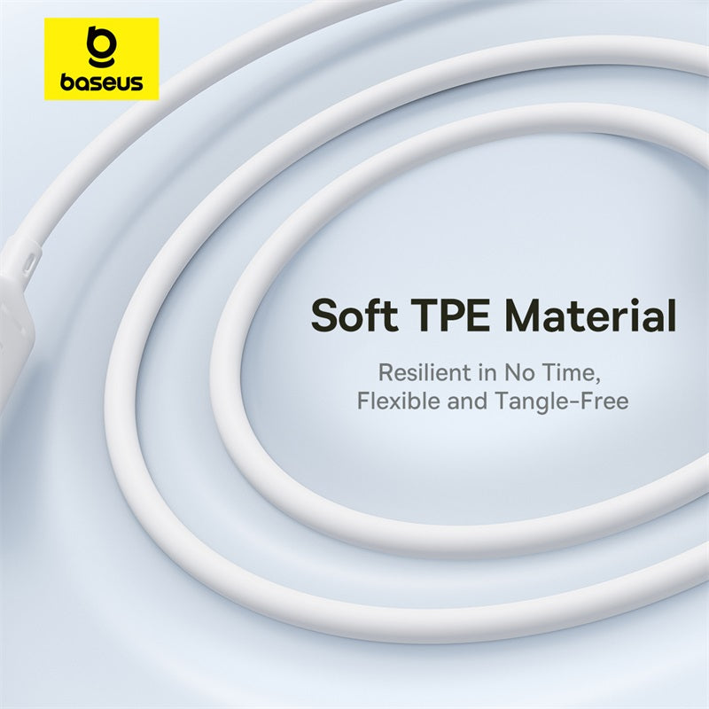 A white Baseus charging cable coiled in a circle on a light blue background, with the yellow Baseus logo in the top-left corner and text reading 'Soft TPE Material' and 'Resilient in No Time, Flexible and Tangle-Free'.