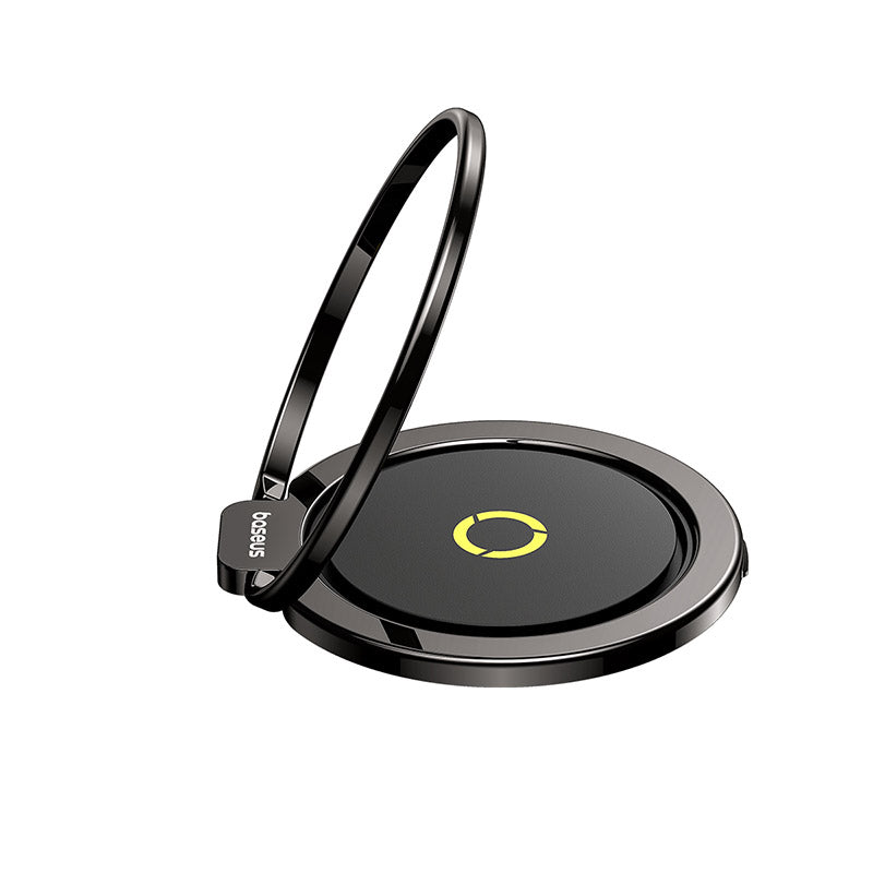 Black wireless charging pad with a yellow logo on a white background
