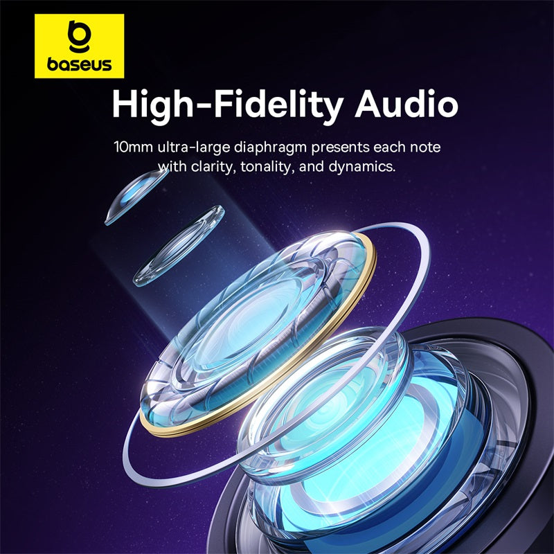 Baseus high-fidelity audio product with clear diaphragm on a dark background
