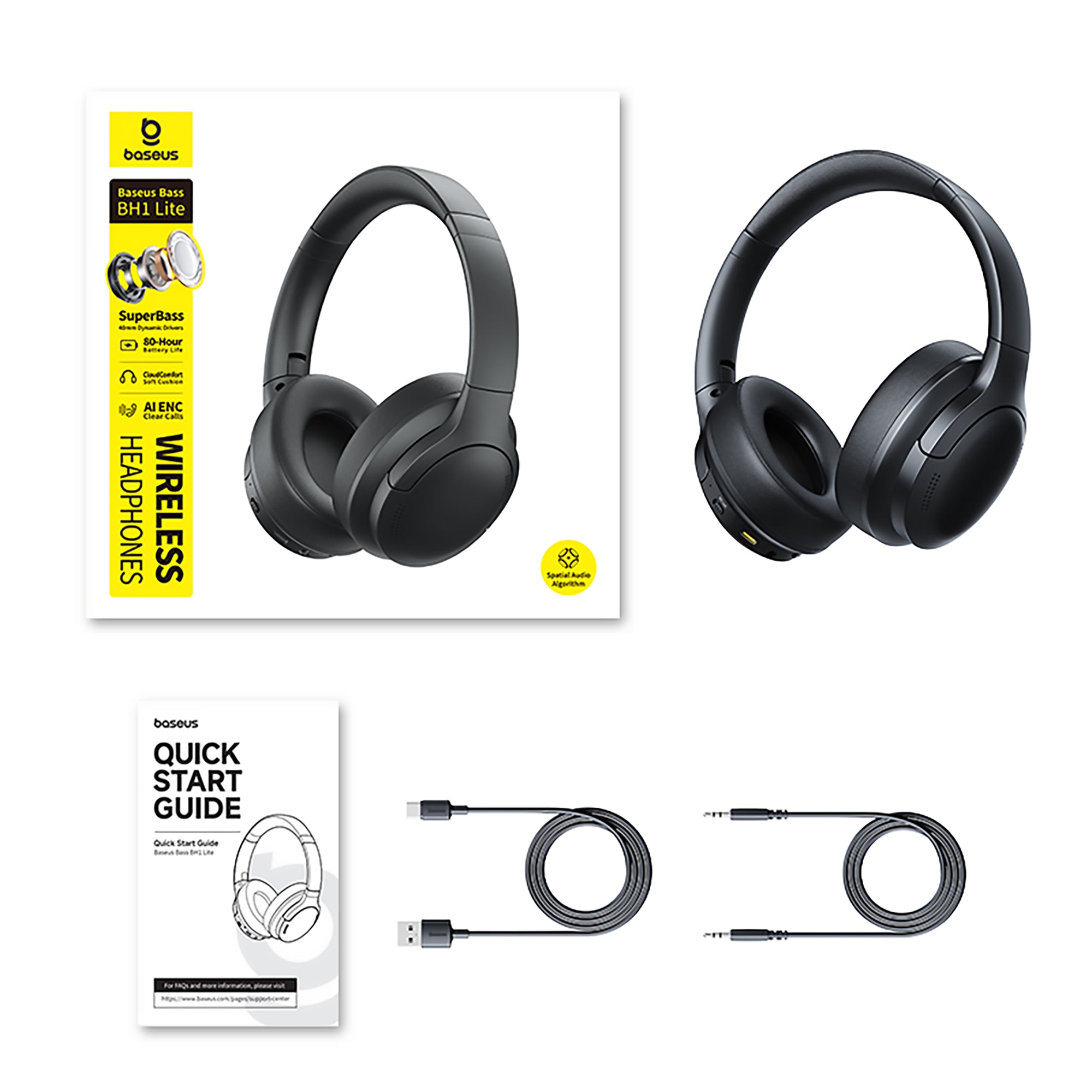 Black wireless headphones with packaging, cables, and quick start guide on a white background