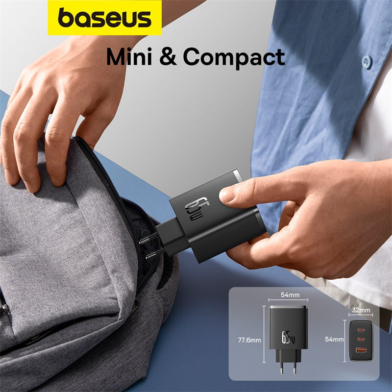 A person inserts a black Baseus Mini & Compact dual-port USB charger into a gray backpack. The image includes the 'baseus' brand logo, the text 'Mini & Compact', and a dimension diagram showing the charger's measurements.