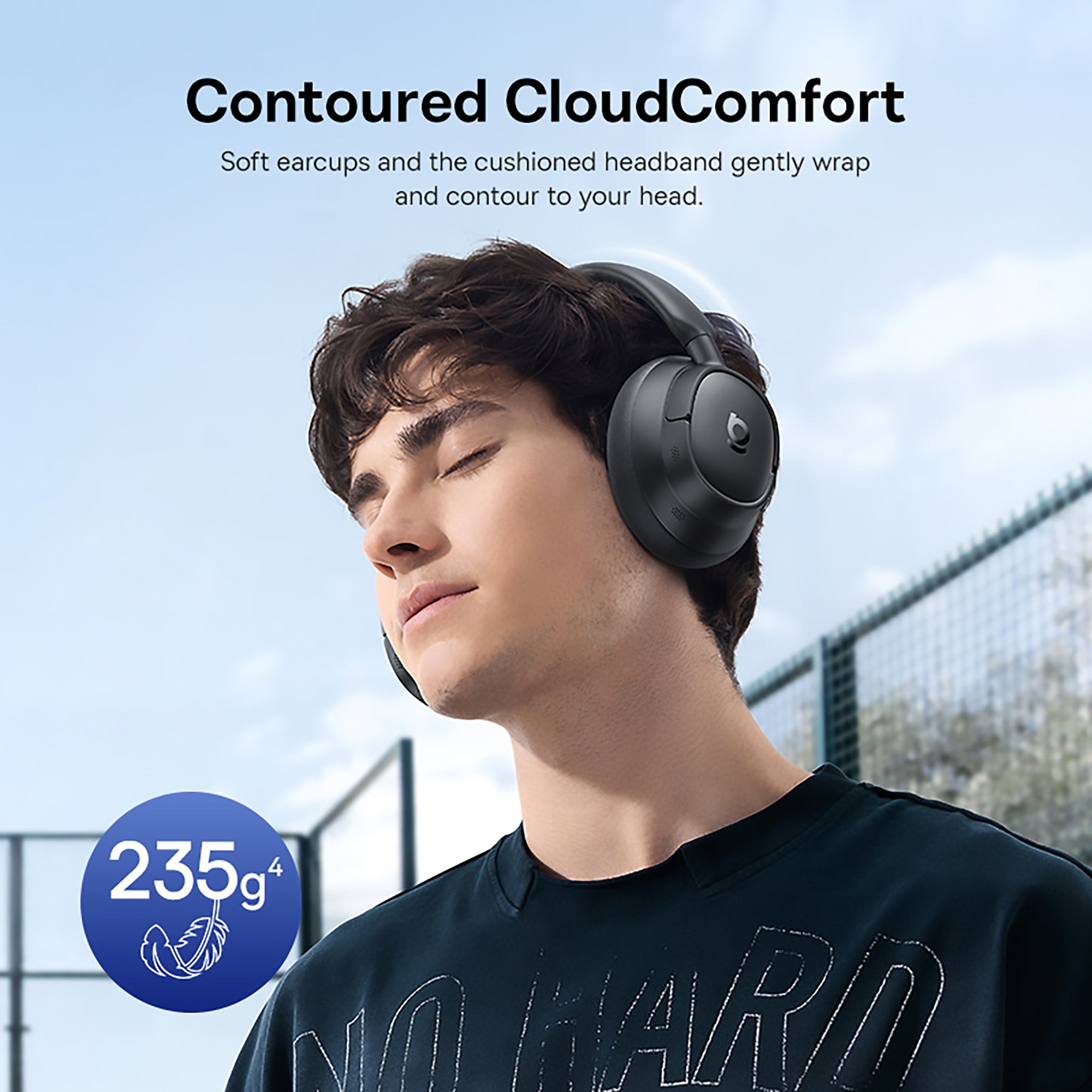 Person wearing black headphones with text about Contoured CloudComfort design.